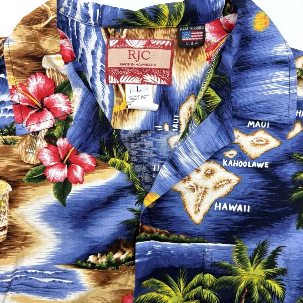 RJC Shirt Mens L Blue Hawaiian Island Map Floral Cotton Camp Style 102C USA